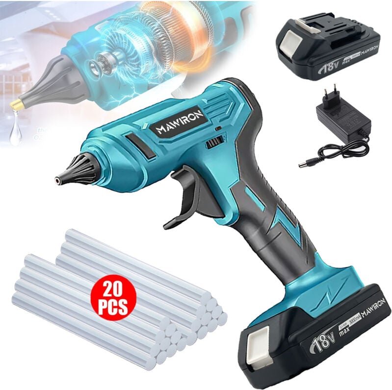 Klebepistole, 100 W kabellose elektrische Heißklebepistole mit 20 Stück 11-mm-Klebestiften, 2 Stück 3,0-A-Akku + Ladeger...