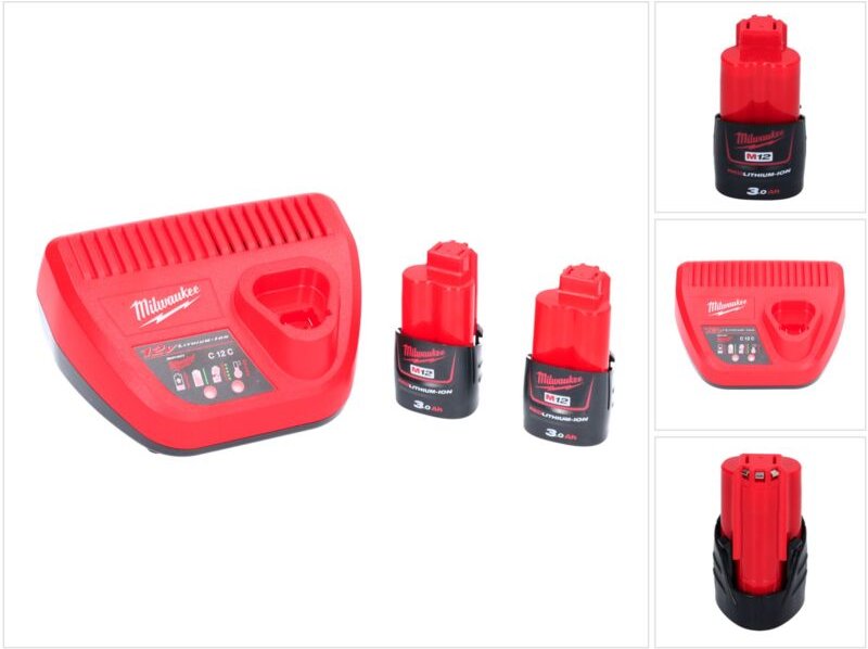 Milwaukee M12 NRG-302 Akku Starter Set 2x 12 V 3,0 Ah / 3000 mAh Li-Ion Akku ( 4933451902 ) + M12-C12C Ladegerät