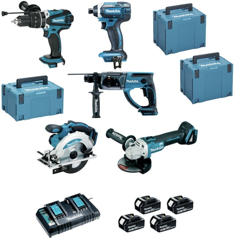Makita - 5er-Set 18V Li-Ion 5.0 Ah Maschinen - Bohr-Meißel + Schraubendreher + Schlagbohrer + Schleifer + Kreissäge - DL...