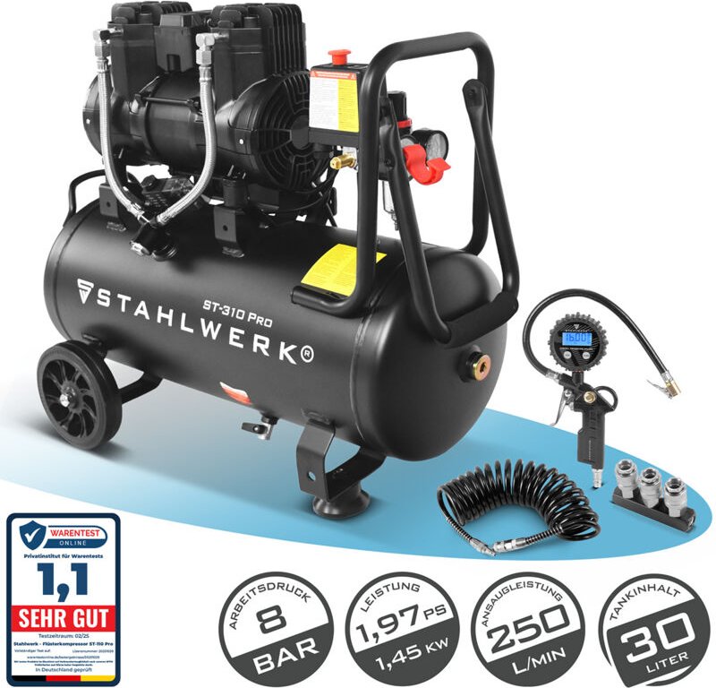 STAHLWERK Kompressor ST-310 Pro Vollausstattung – ölfreier Flüster-Kompressor