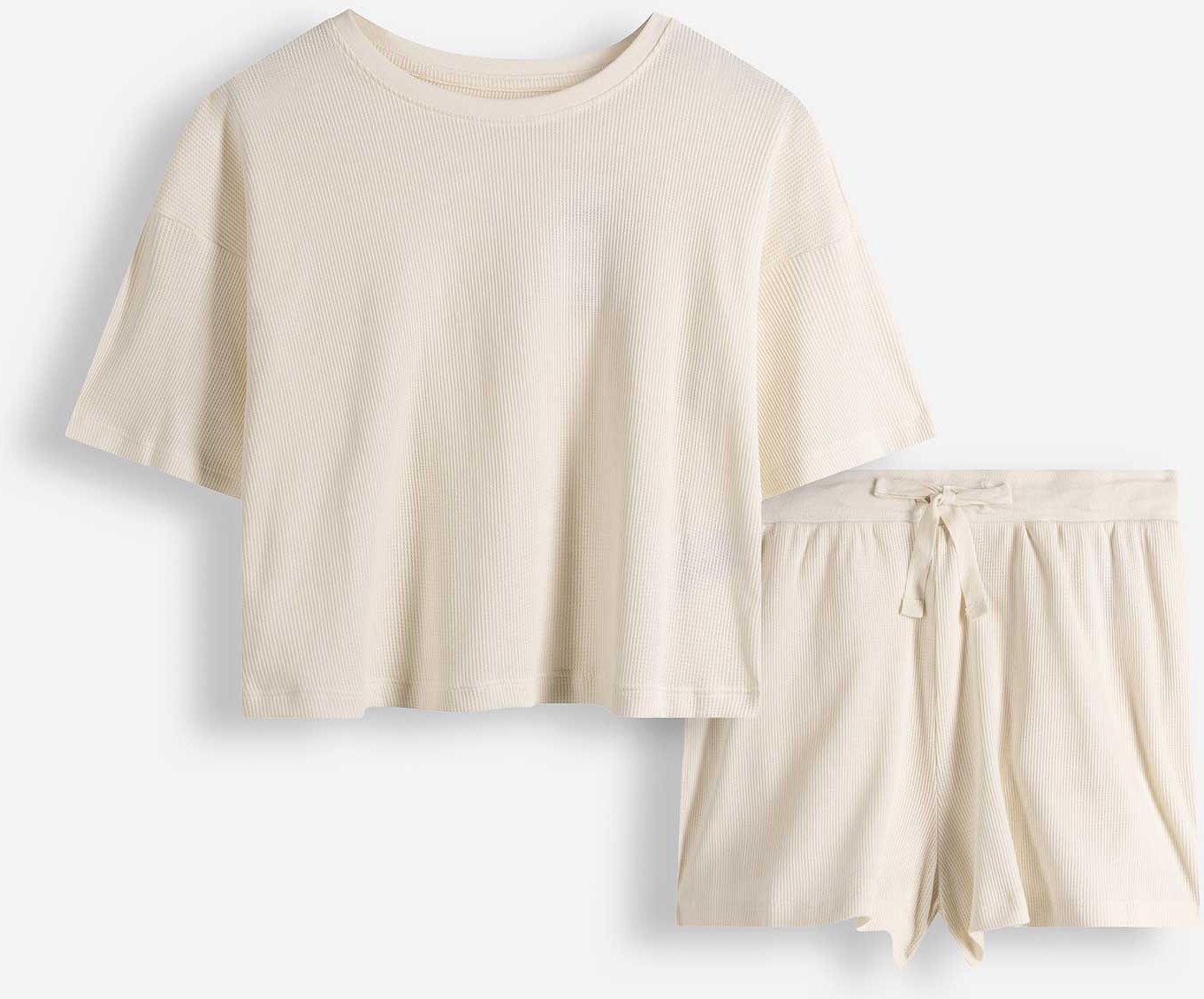 Pyjama Set aus Shirt und Shorts - Waffelstruktur - weiß