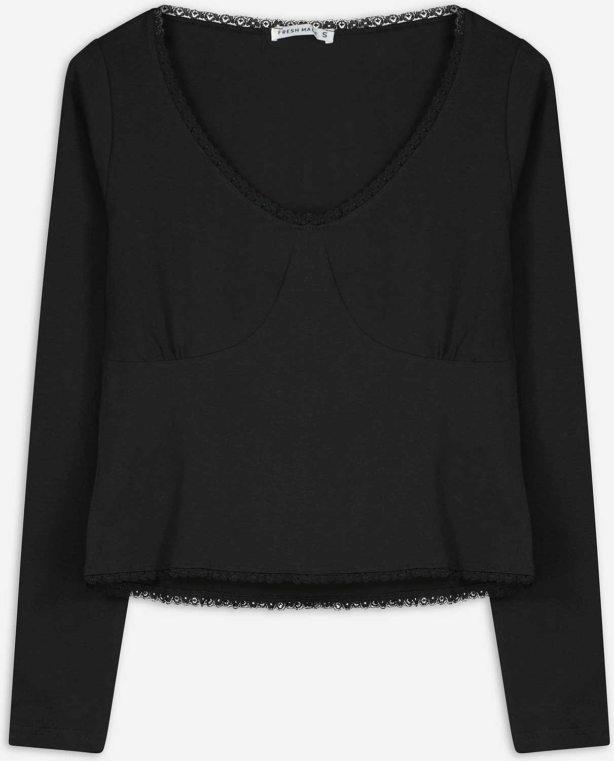 Thumbnail - Langarmshirt - Spitzenbesatz - schwarz