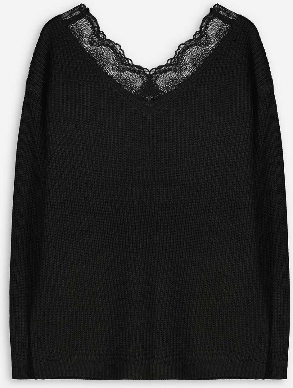 Pullover - Spitzenbesatz - schwarz