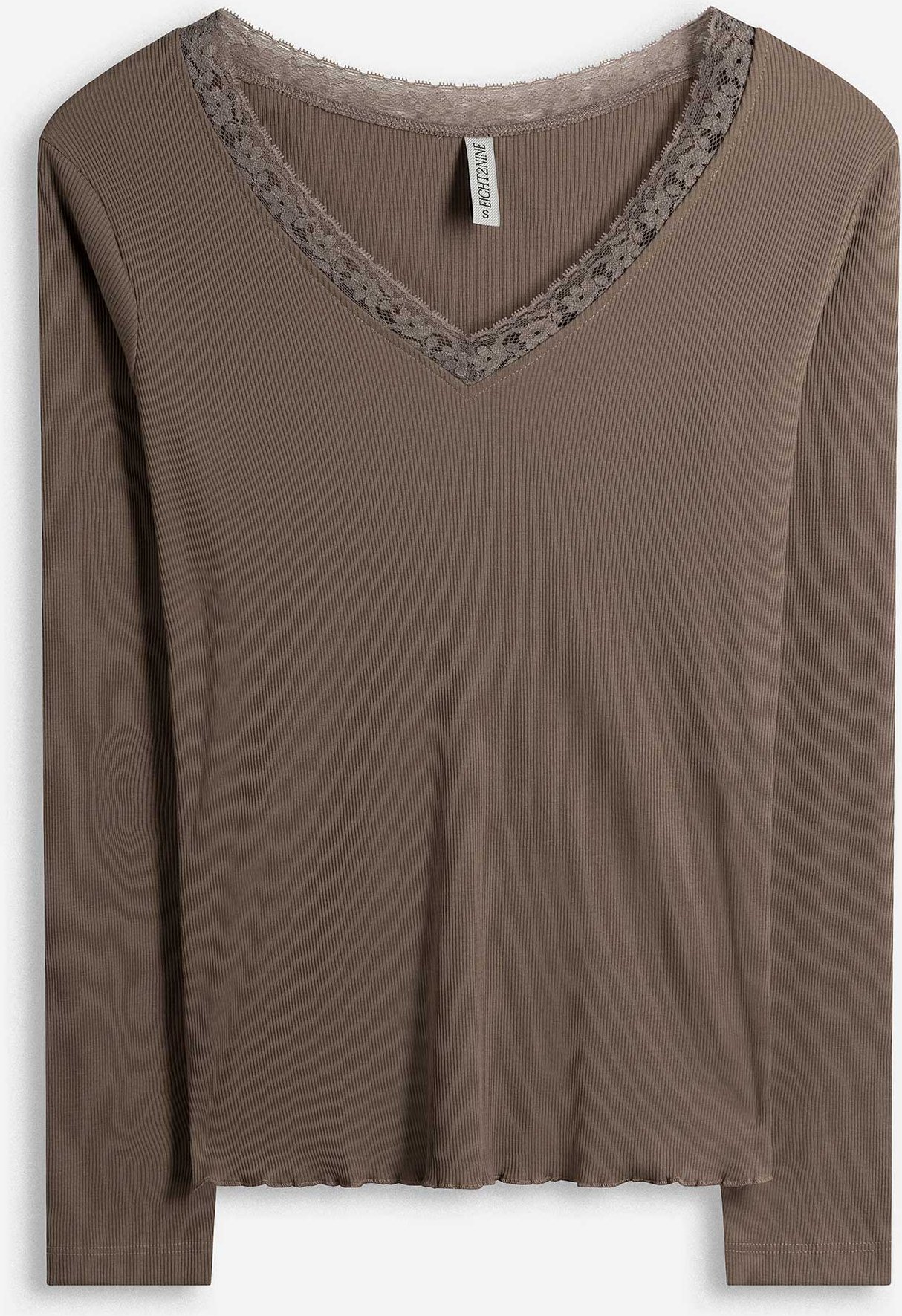 Langarmshirt - Spitzenbesatz - hellbraun