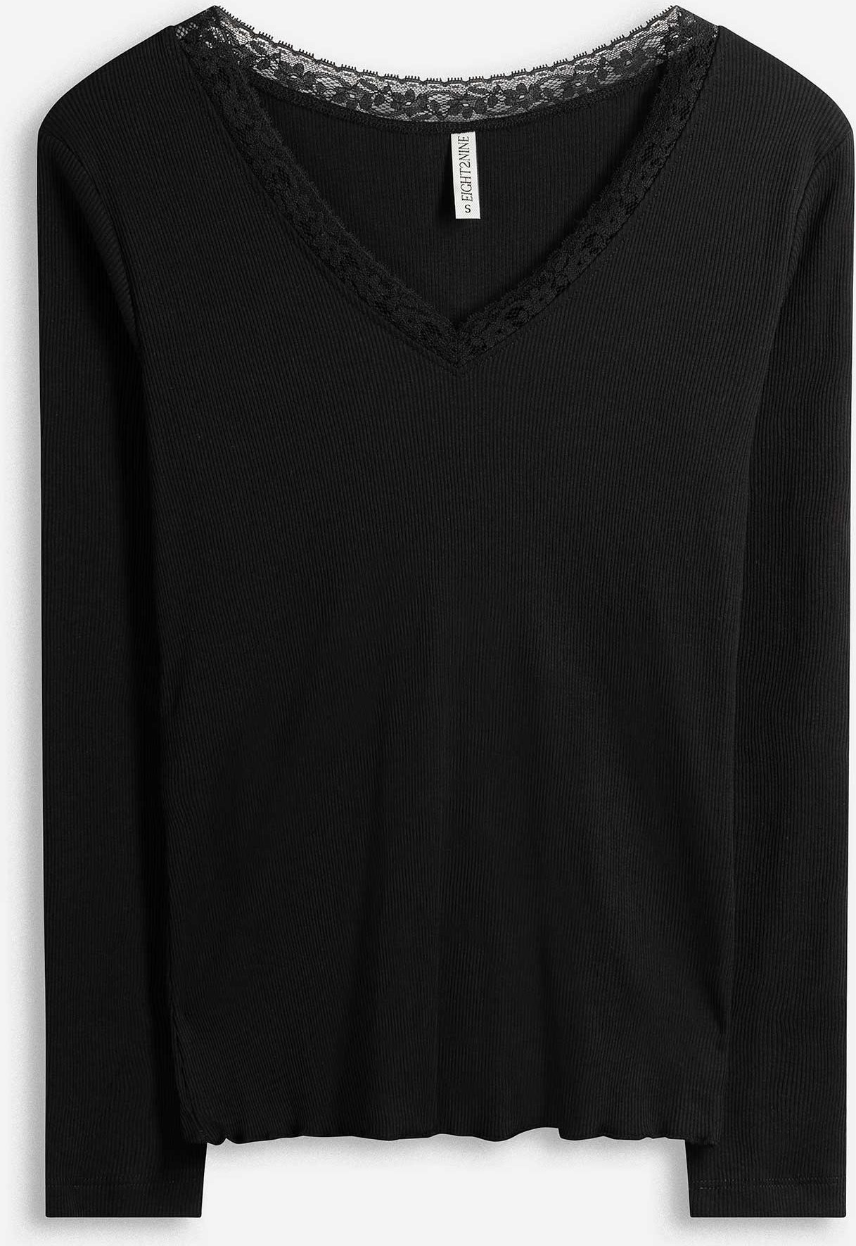 Langarmshirt - Spitzenbesatz - schwarz