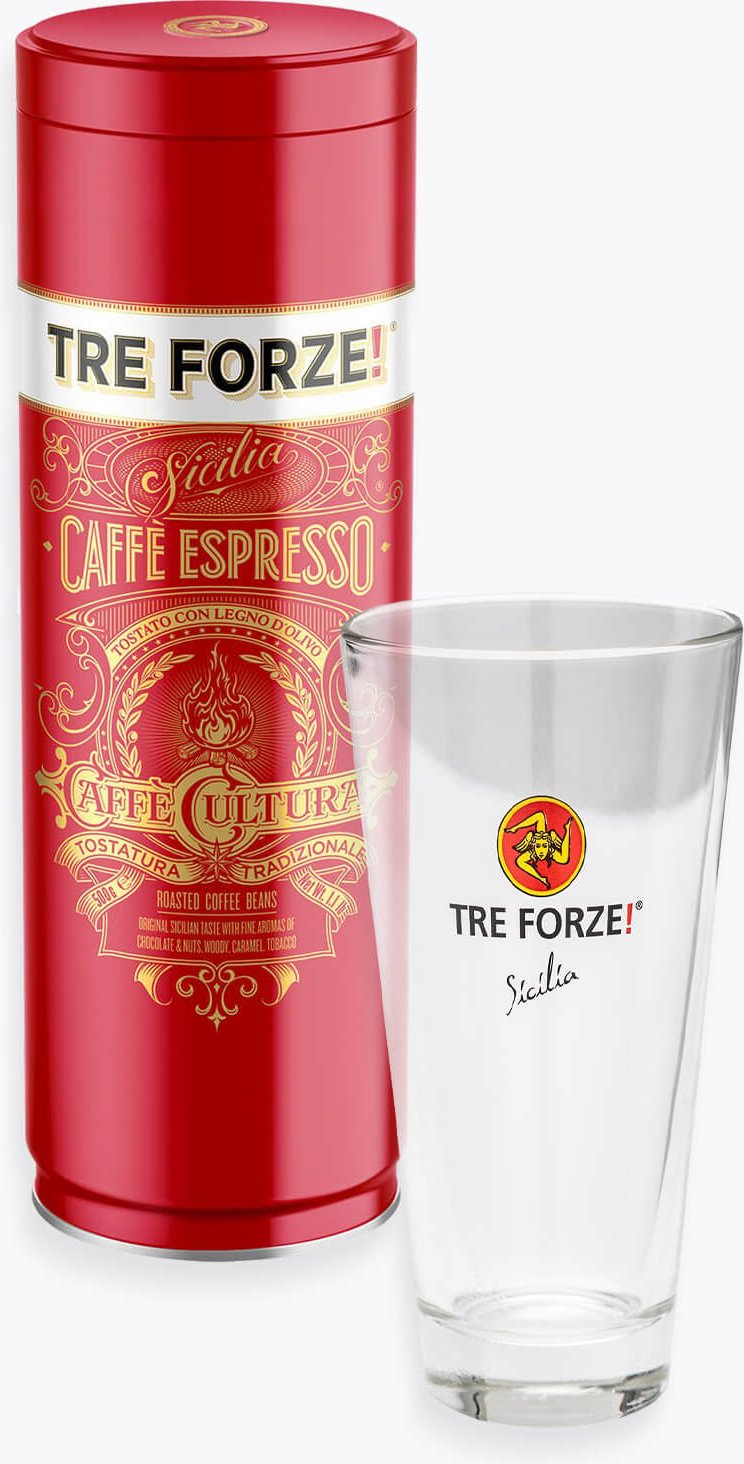 TRE FORZE! Caffe Espresso 500g Dose & Latte Macchiato Glas zum Aktionspreis