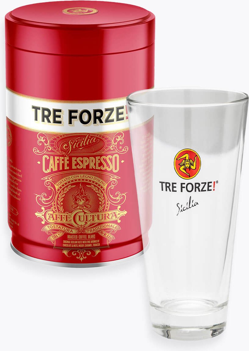 Thumbnail - TRE FORZE! Caffe Espresso 250g Dose & Latte Macchiato Glas zum Aktionspreis