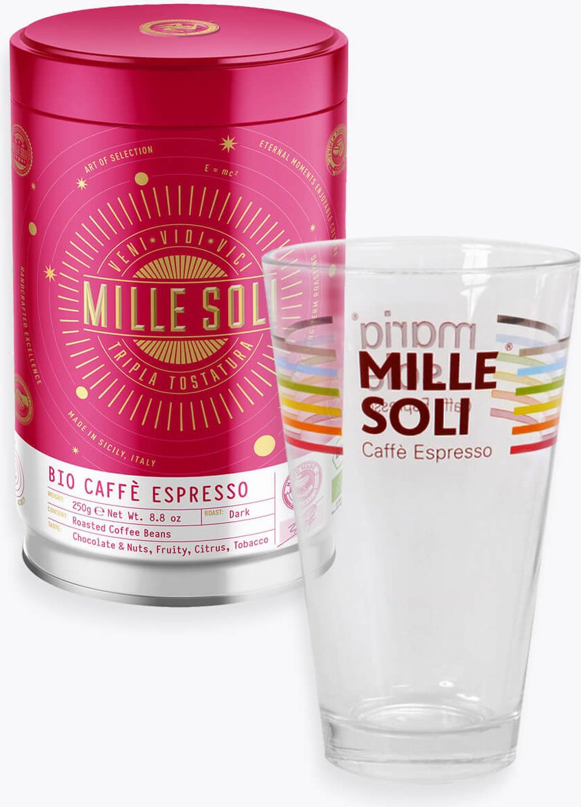 Mille Soli Caffè Espresso 250g Bio Dose & Latte Macchiato Glas zum Aktionspreis