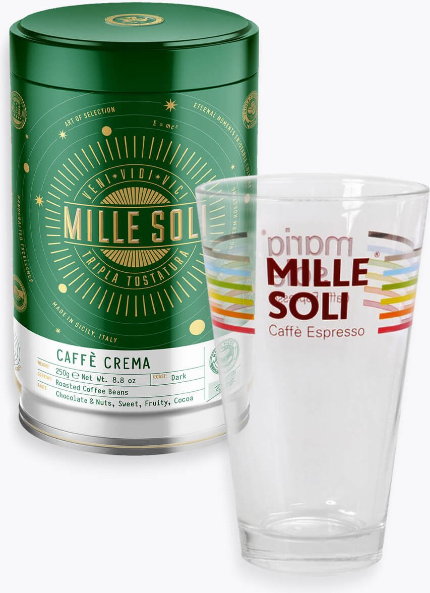 Mille Soli Caffè Crema 250g Dose & Latte Macchiato Glas zum Aktionspreis