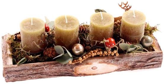 Adventsgesteck Rindentablett mit Kerzen jägergrün