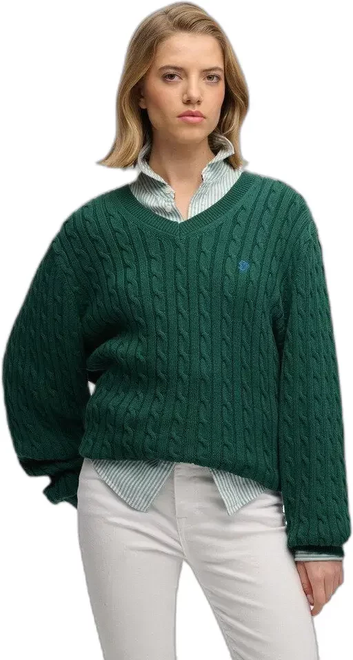 Oversized V-neck cable knit jumper for women Superdry