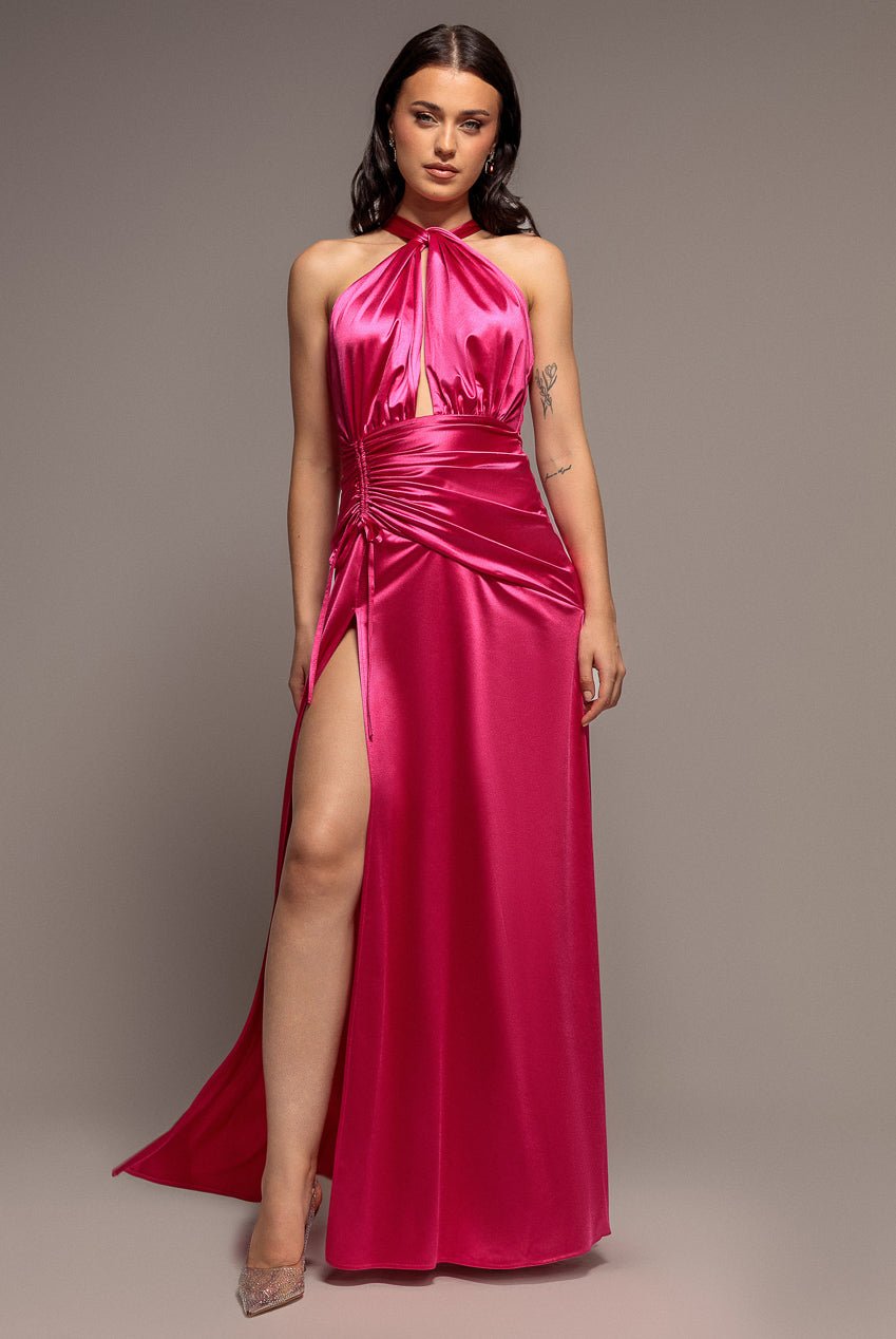 Goddiva Halter Neck Front Split Satin Maxi Dress - Magenta