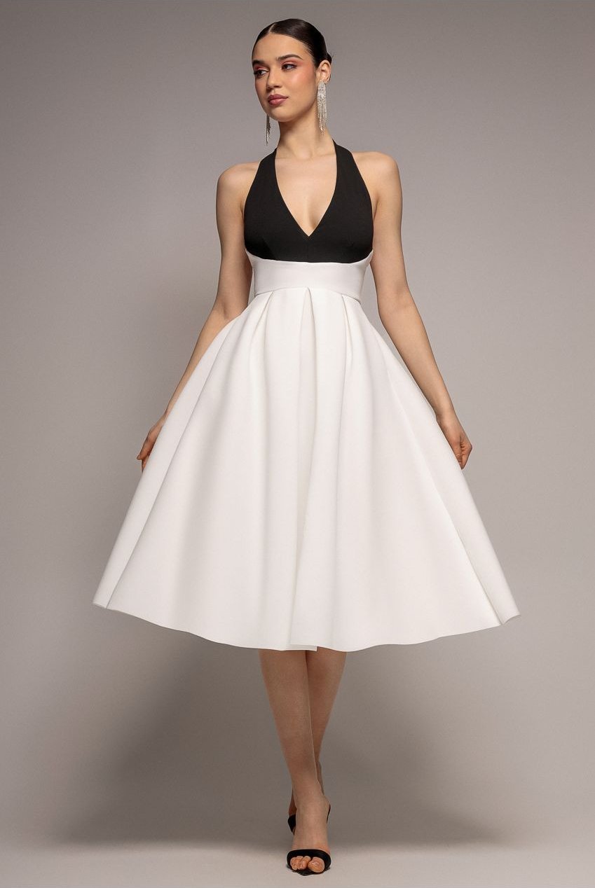 Goddiva Contrast Halter Neck Pleated A Line Midaxi Dress - Black Cream
