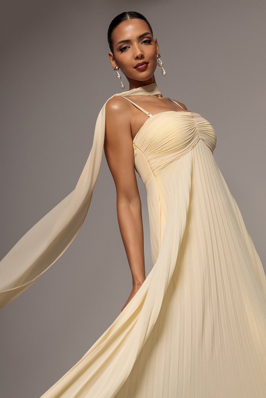 Goddiva Sleeveless Pleated Chiffon Multiway Scarf Maxi Dress - Butter Yellow