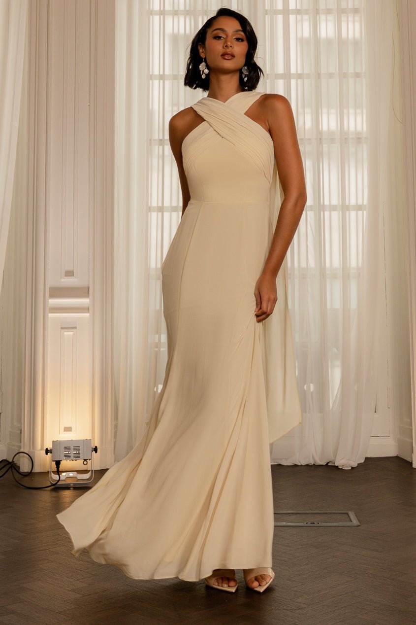Goddiva Cross Front Scarf Back Chiffon Mermaid Maxi Dress - Butter Yellow