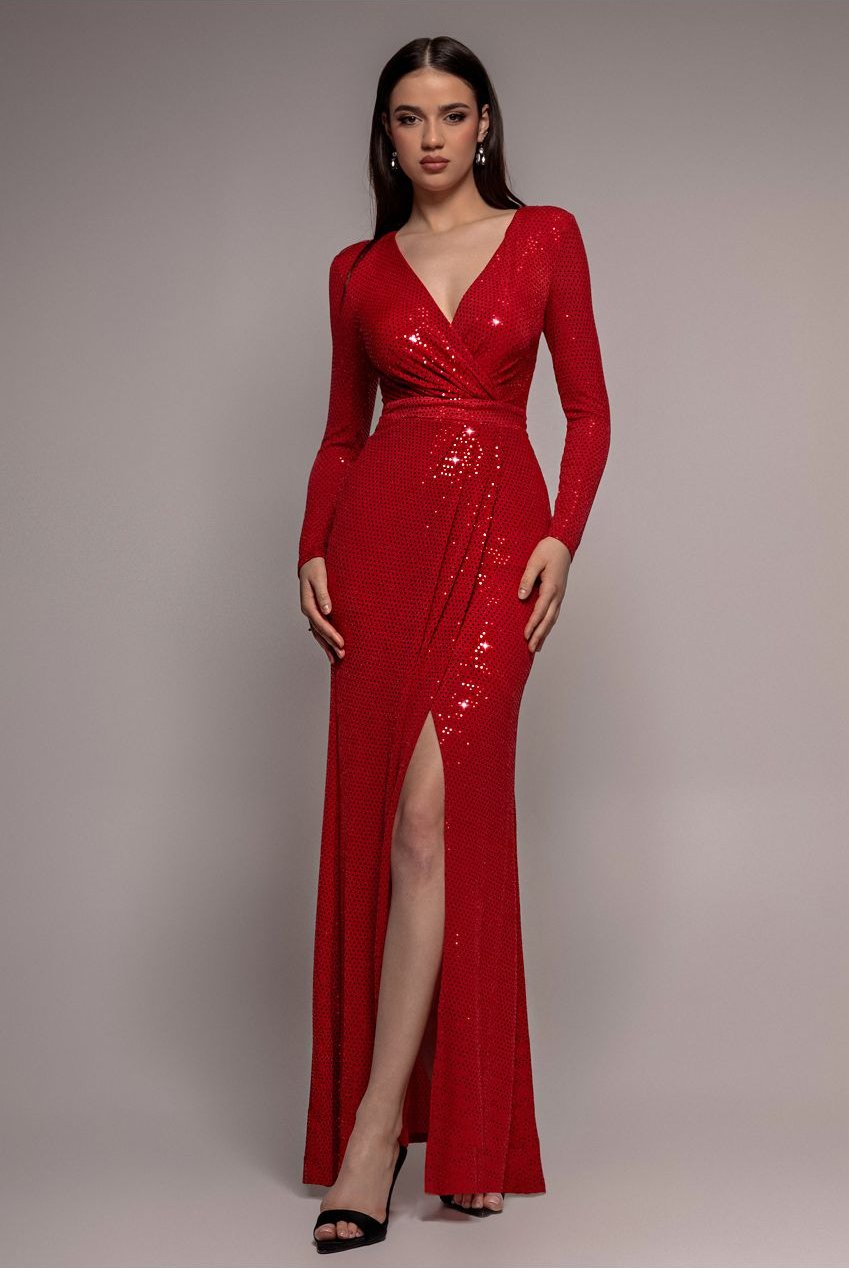 Goddiva Sequin Glitter Lurex Long Sleeve Wrap Maxi Dress - Red