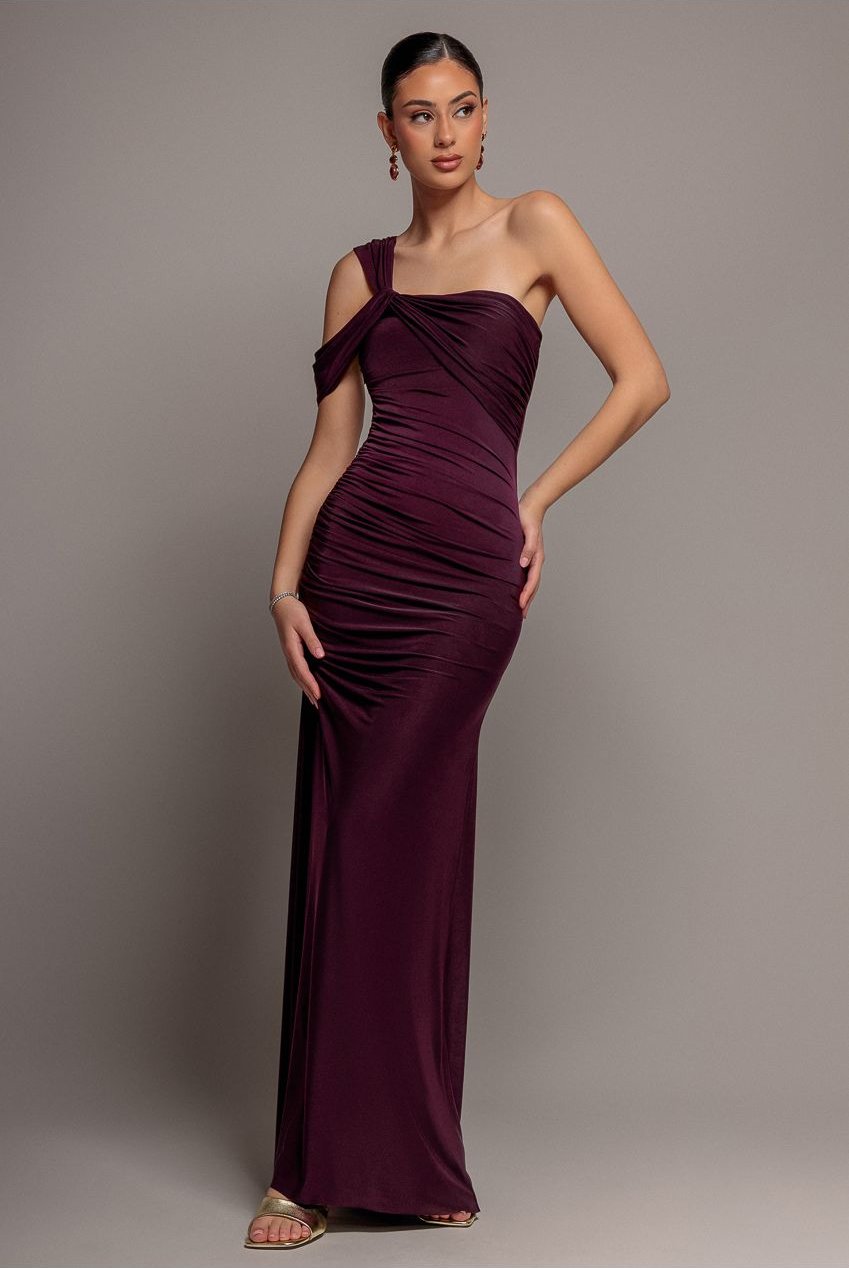 Goddiva One Shoulder Asymmetric Twist Maxi Dress - Burgundy
