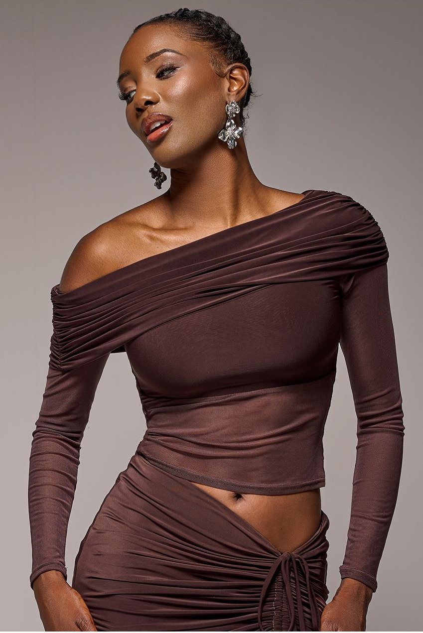 Goddiva Gathered Bardot Asymmetric Mesh Panel Top - Brown