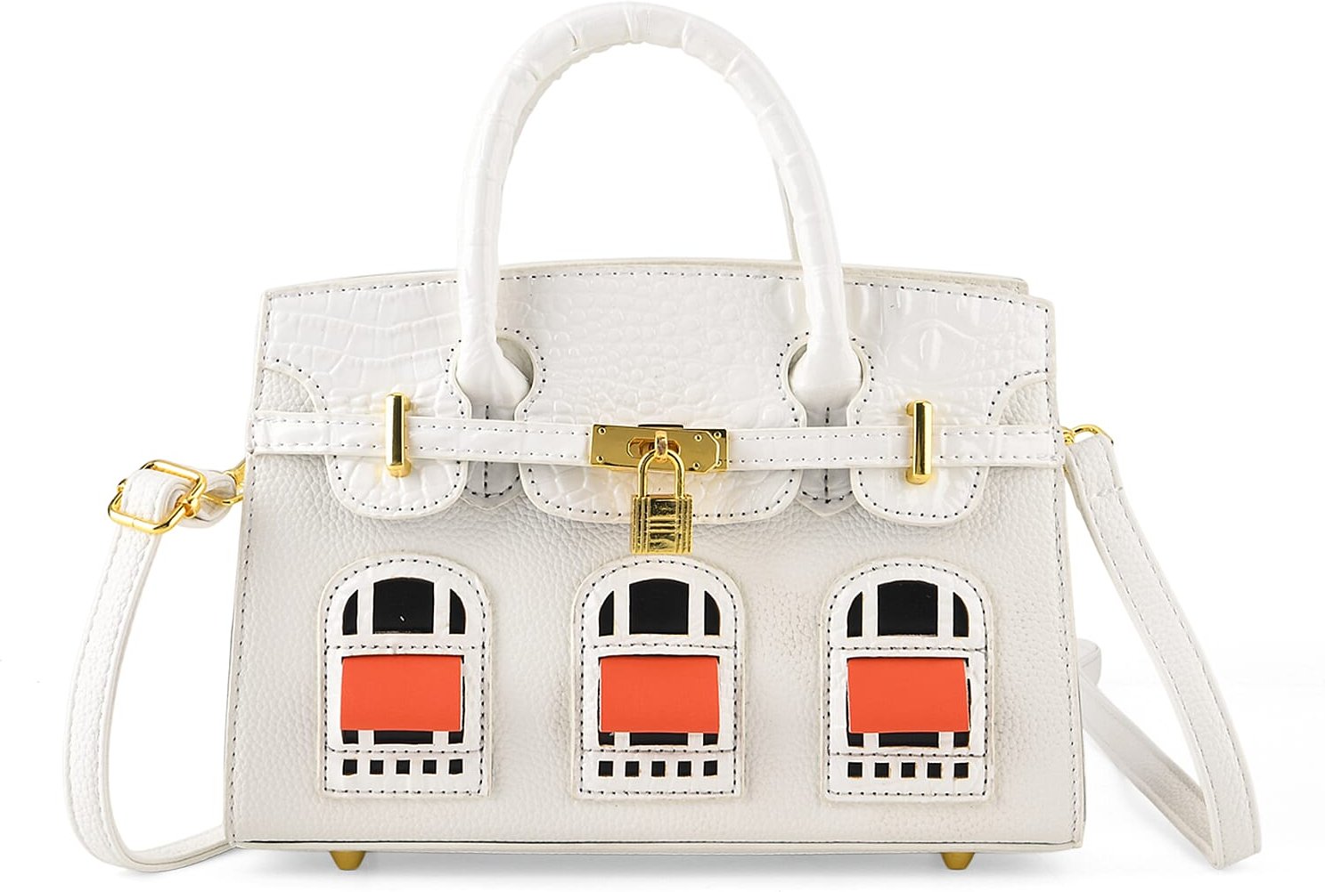 Designer-Inspired Structured Handbag with Crossbody Strap - White