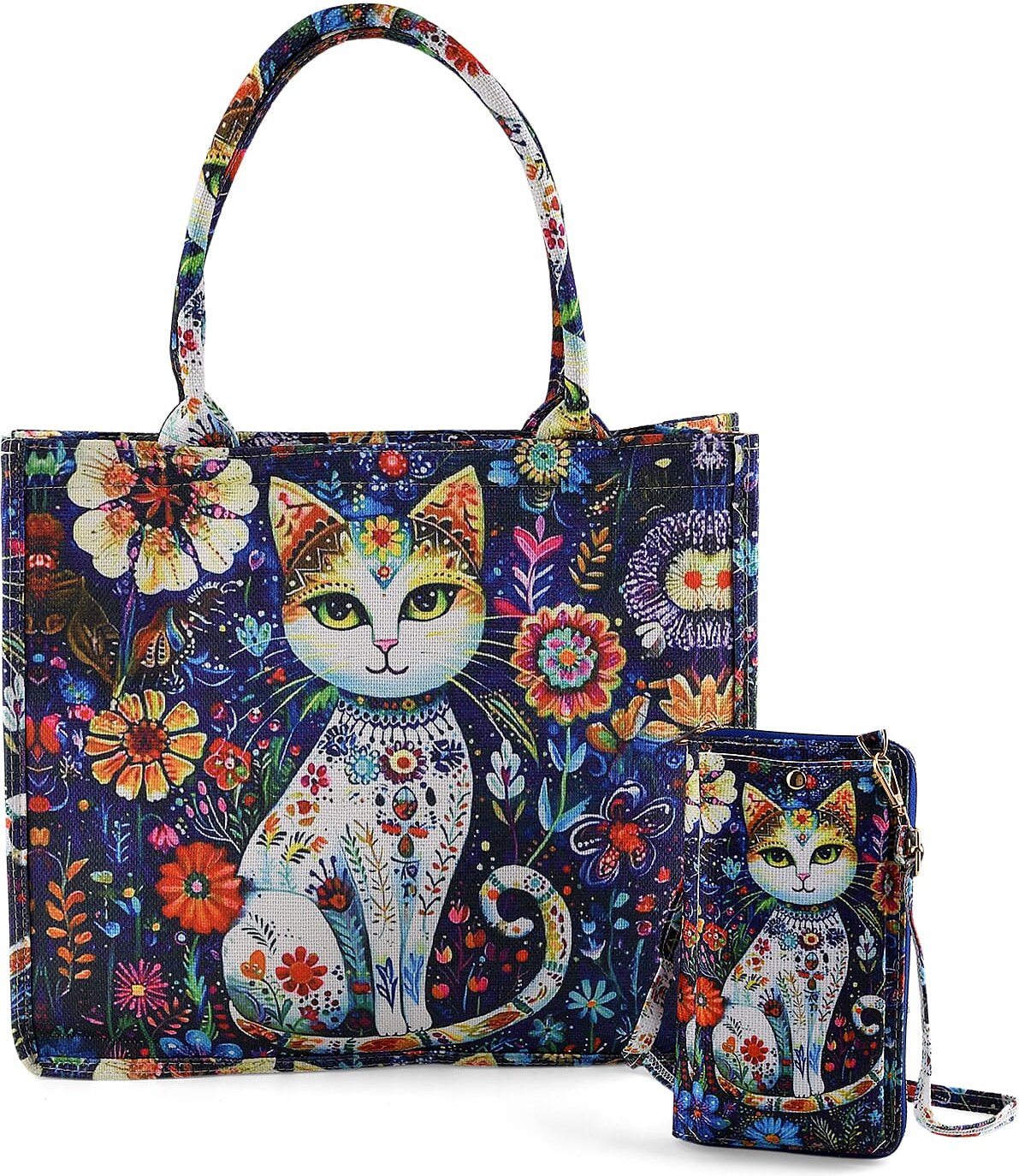 Set of 2 - Cat Print RFID Blocking Tote Bag & Cellphone Purse - Blue