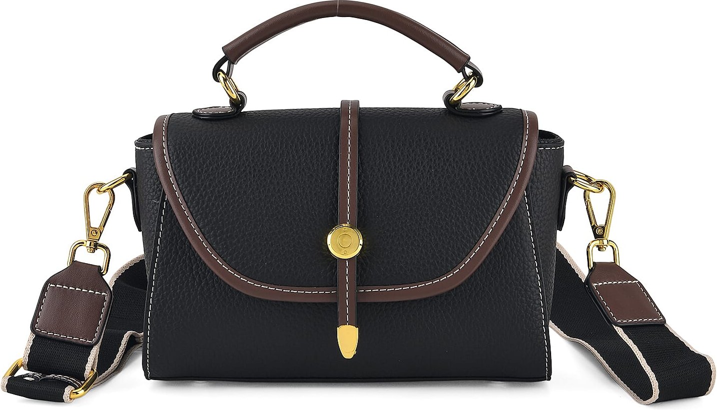 Genuine Leather Structured Flapover Satchel Bag with Webbing Strap - Black