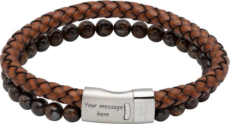 Unique Antique Dark Brown Leather Bracelet with Tiger Eye & Magnetic Clasp