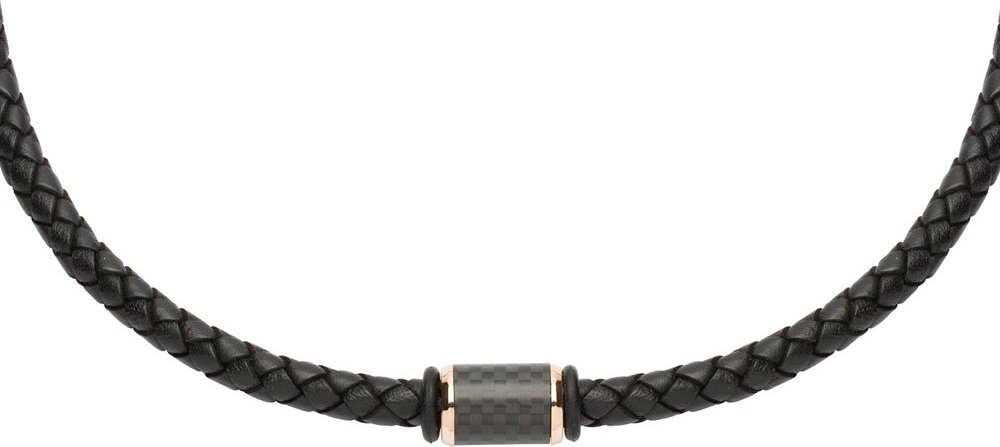 Unique Black Leather Necklace With Carbon Fibre Element & Rose Plating