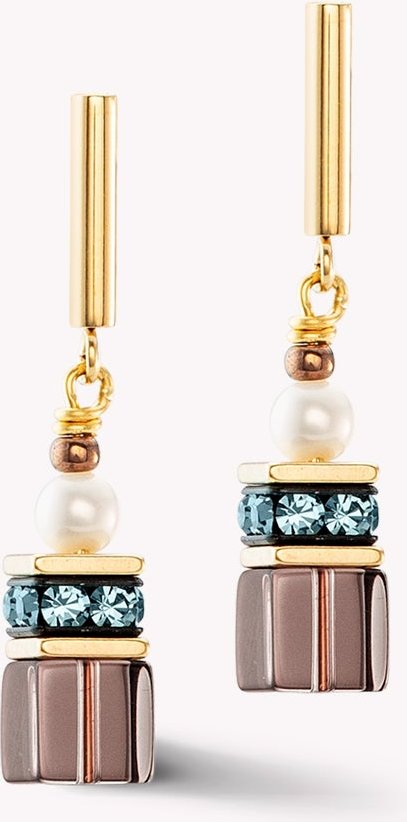 Coeur De Lion Pearl GEOCUBE Earrings Gold Plated Freshwater Pearl & Smoky Quartz
