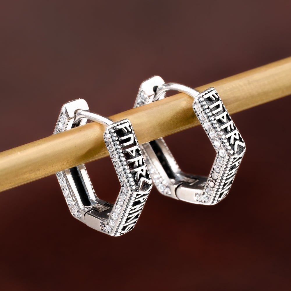 John Greed Signature Silver Viking Rune Zirconia Hoop Earrings