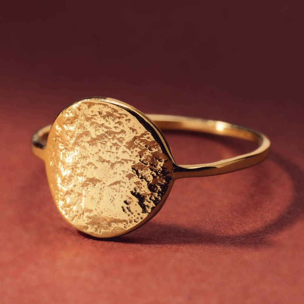 John Greed Signature Gold Plated Hammered Disc Ring