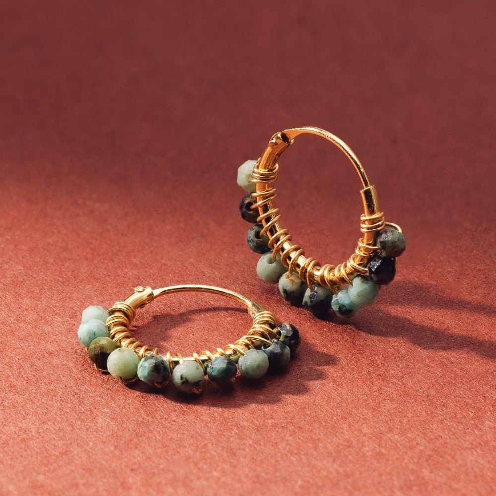 John Greed Signature Gold Plated Beaded African Turquoise Small Hoop Earrings