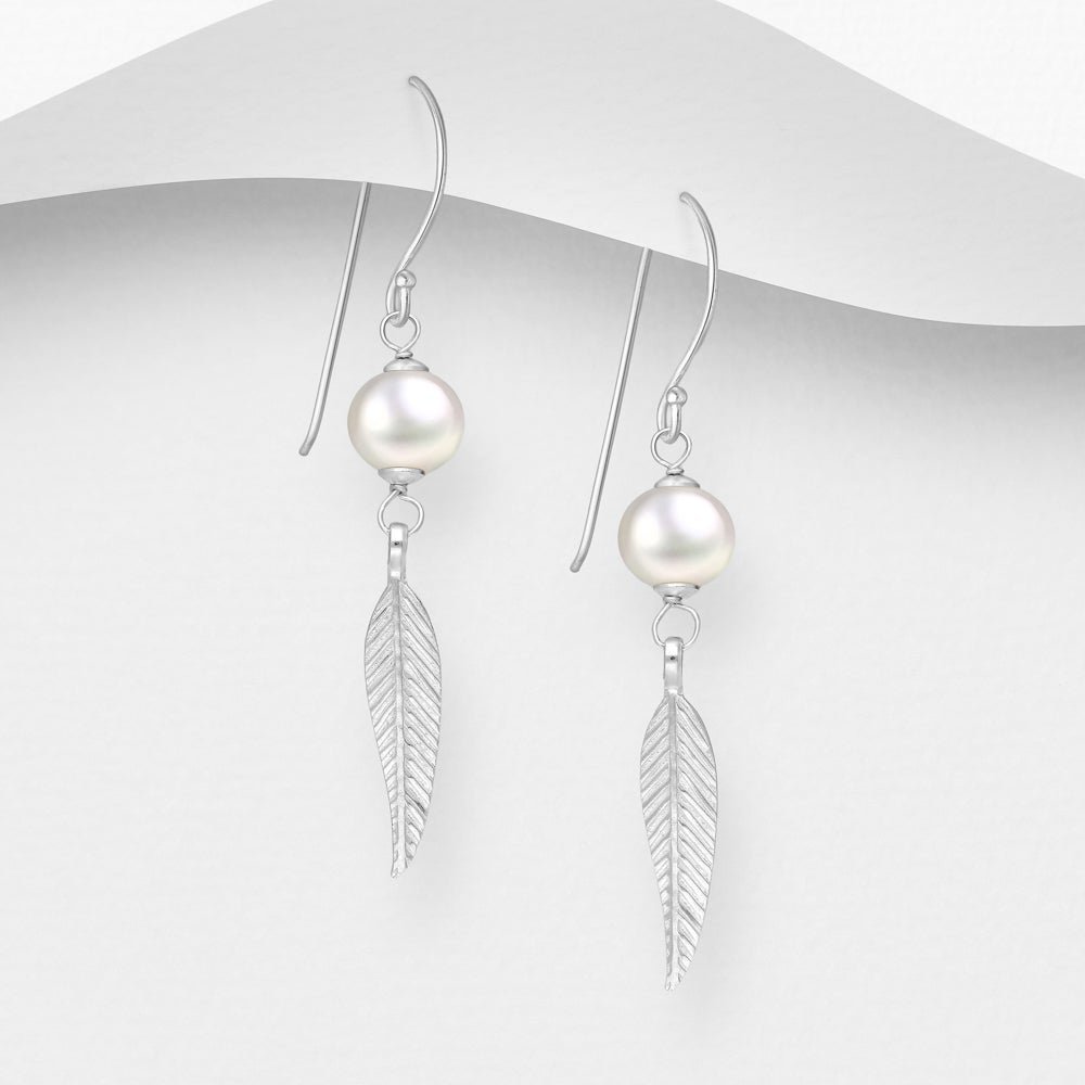 John Greed Signature Silver Pearl & Feather Drop Earrings
