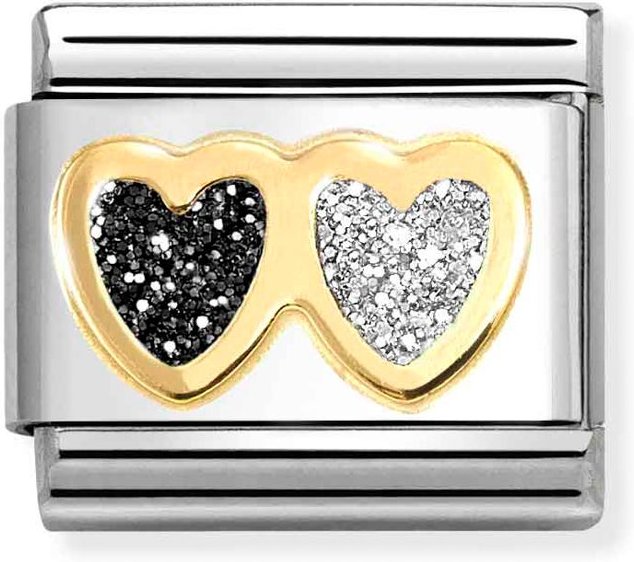 Nomination Classic Gold Glitter Black & Silver Double Heart Charm