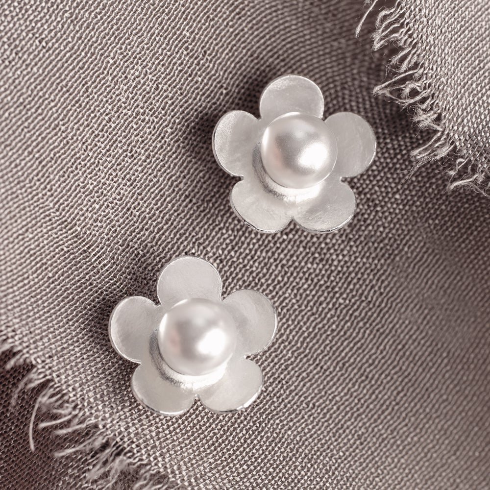 John Greed Tempest Meadow Silver Pearl Brushed Flower Stud Earrings