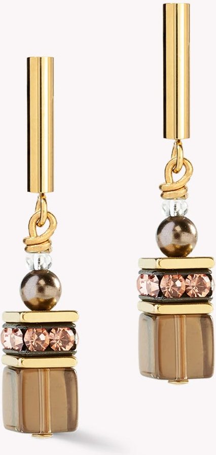 Coeur De Lion Pearl GEOCUBE Earrings Gold Plated Mocha Mousse Pearls