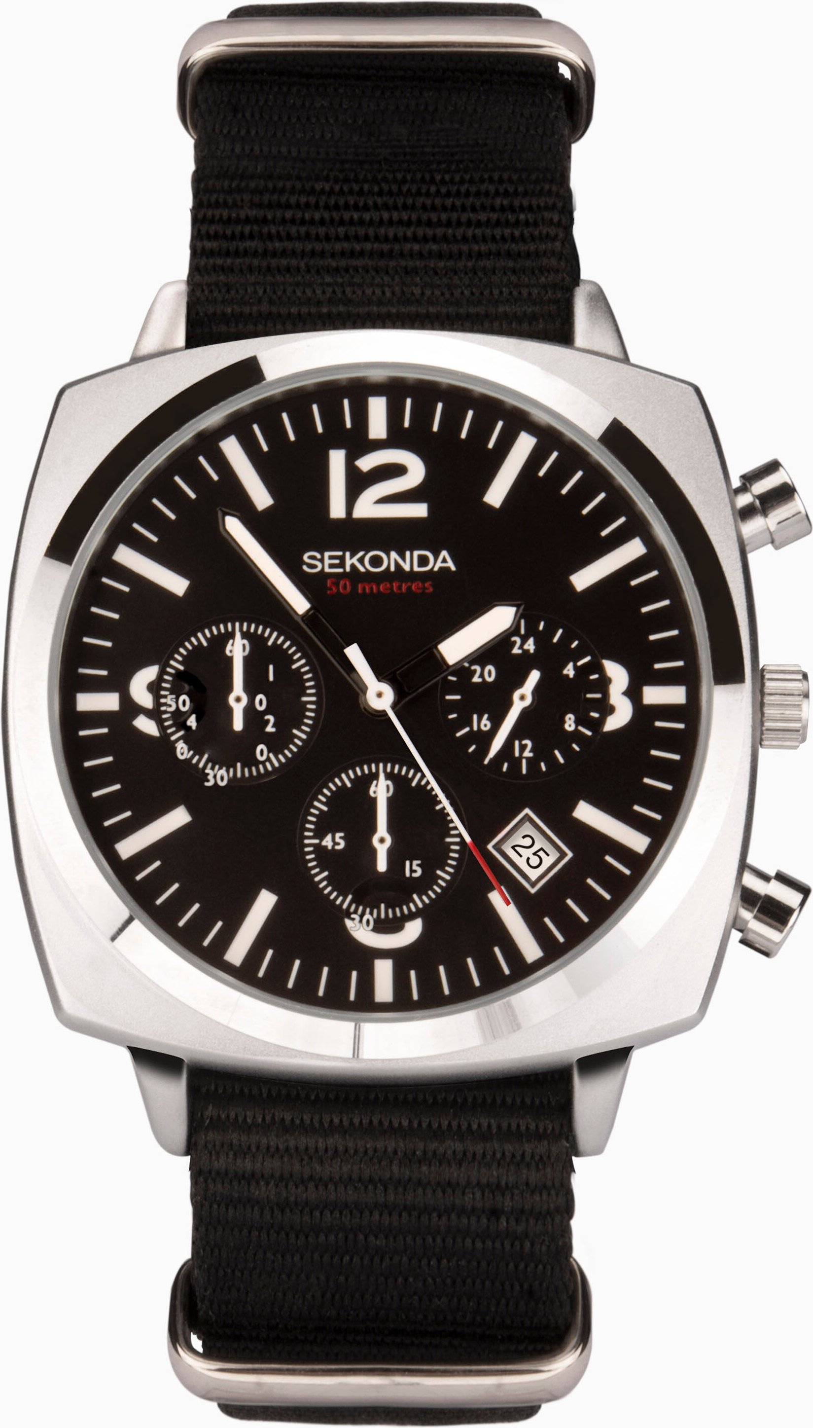 Sekonda Sekonda Airborne Men's Chronograph Watch | Silver Case & Black Canvas Strap with Black Dial | 1989