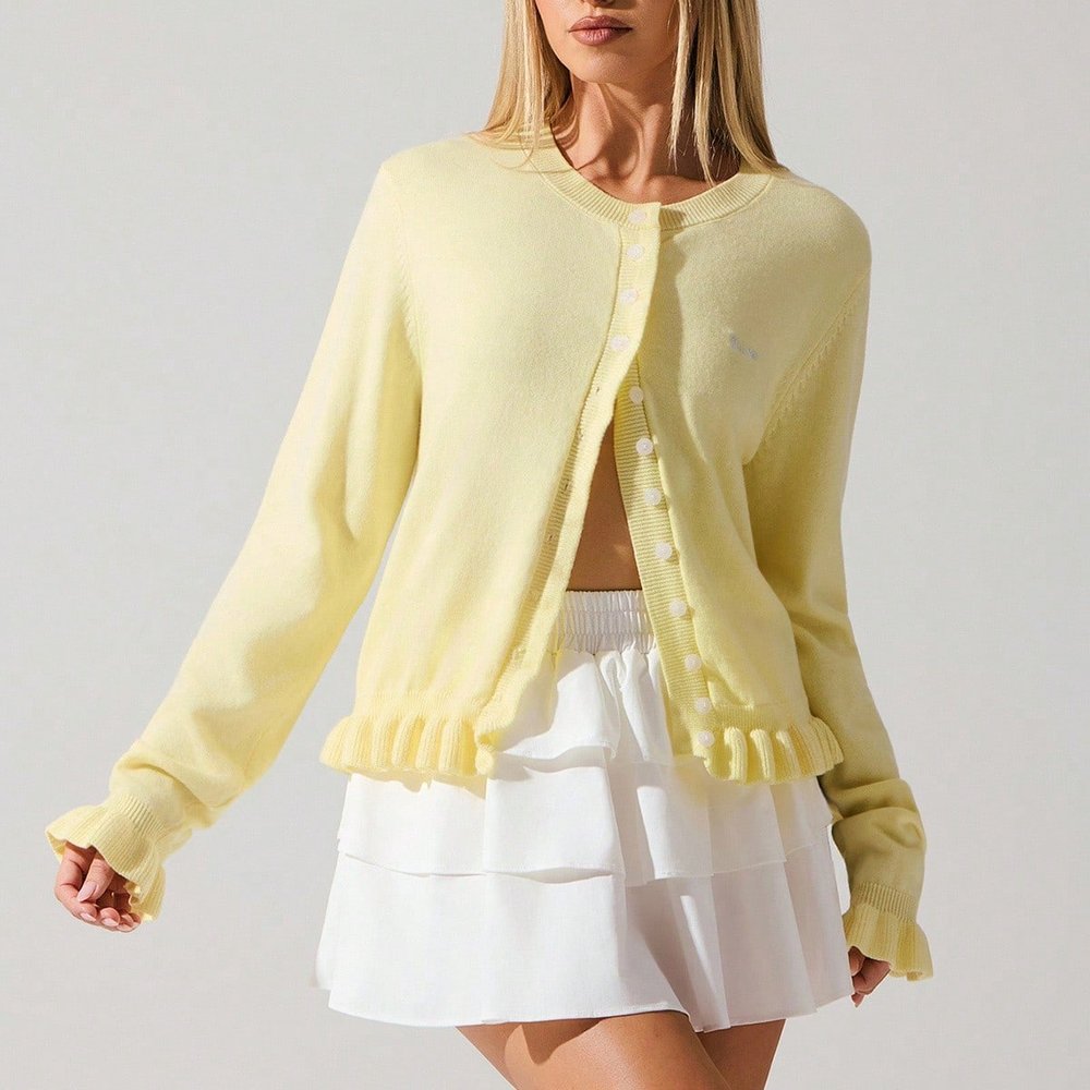 Cardigan tricoté minimaliste à couches et à volants floraux avec manches longues, couleur jaune clair,s. Contient de la laine, idéal pour la rentr - SHEIN - Modalova