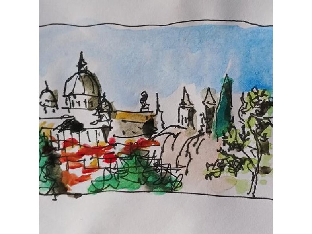 Sketching of the view over Rome from Pincio terrace with Guido