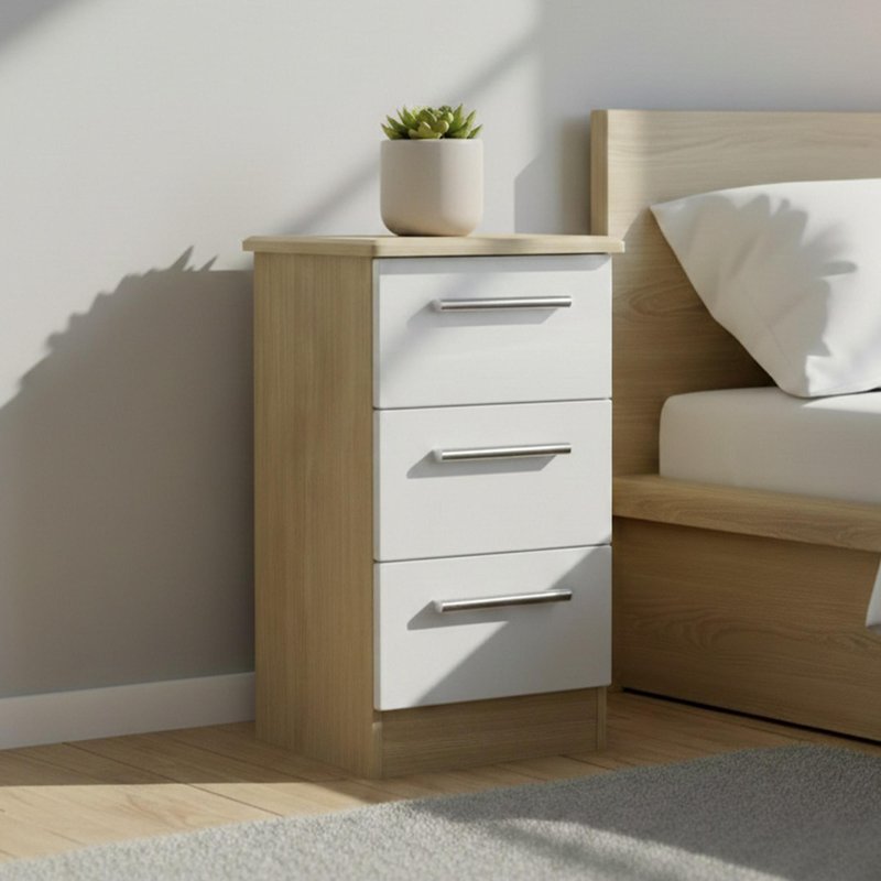 Photo 1 of Knightsbridge bedside cabinet - 3 drawer - white gloss and light oak Photo 1 of Knightsbridge bedside cabinet - 3 drawer - white gloss and light oak