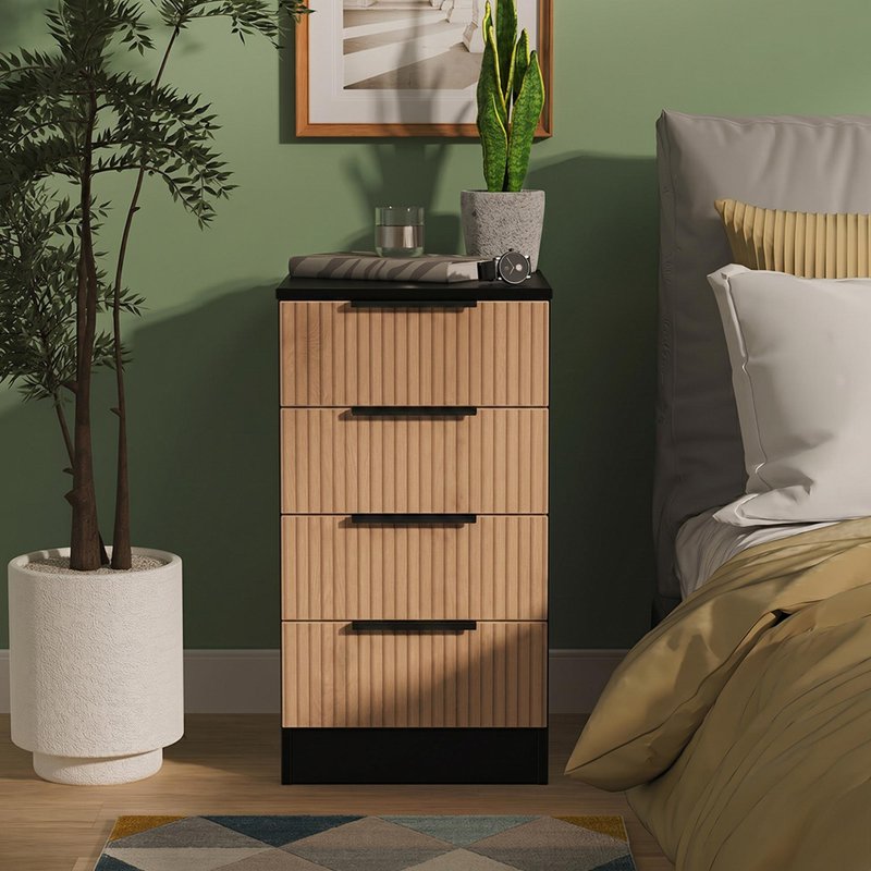 Photo 1 of Java fluted bedside cabinet - 4 drawer - natural and black Photo 1 of Java fluted bedside cabinet - 4 drawer - natural and black