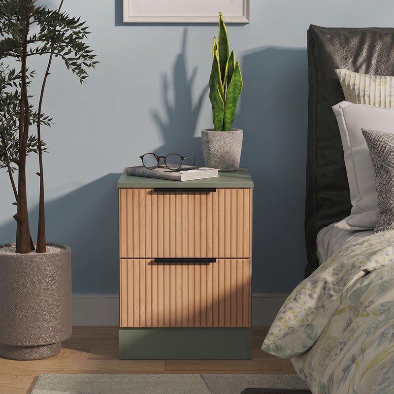 Photo 1 of Java fluted bedside cabinet - 2 drawer - natural and reed green Photo 1 of Java fluted bedside cabinet - 2 drawer - natural and reed green