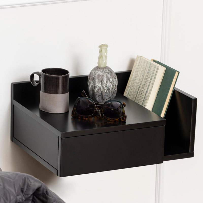 Photo 1 of Ashlan bedside table - 1 drawer - wall mounted - floating - black painted - with shelf Photo 1 of Ashlan bedside table - 1 drawer - wall mounted - floating - black painted - with shelf