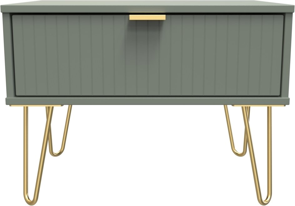 Photo 1 of Linear bedside table - wide - 1 drawer - with gold hairpin legs - green Photo 1 of Linear bedside table - wide - 1 drawer - with gold hairpin legs - green