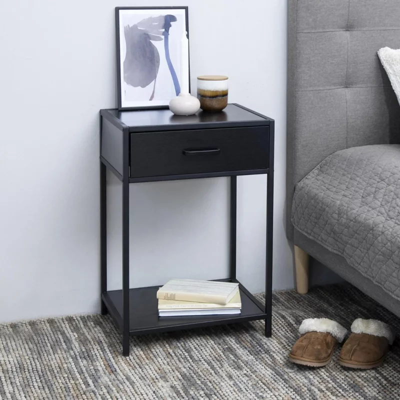 Photo 1 of Seaford bedside table - 1 drawer - black melamine and metal Photo 1 of Seaford bedside table - 1 drawer - black melamine and metal