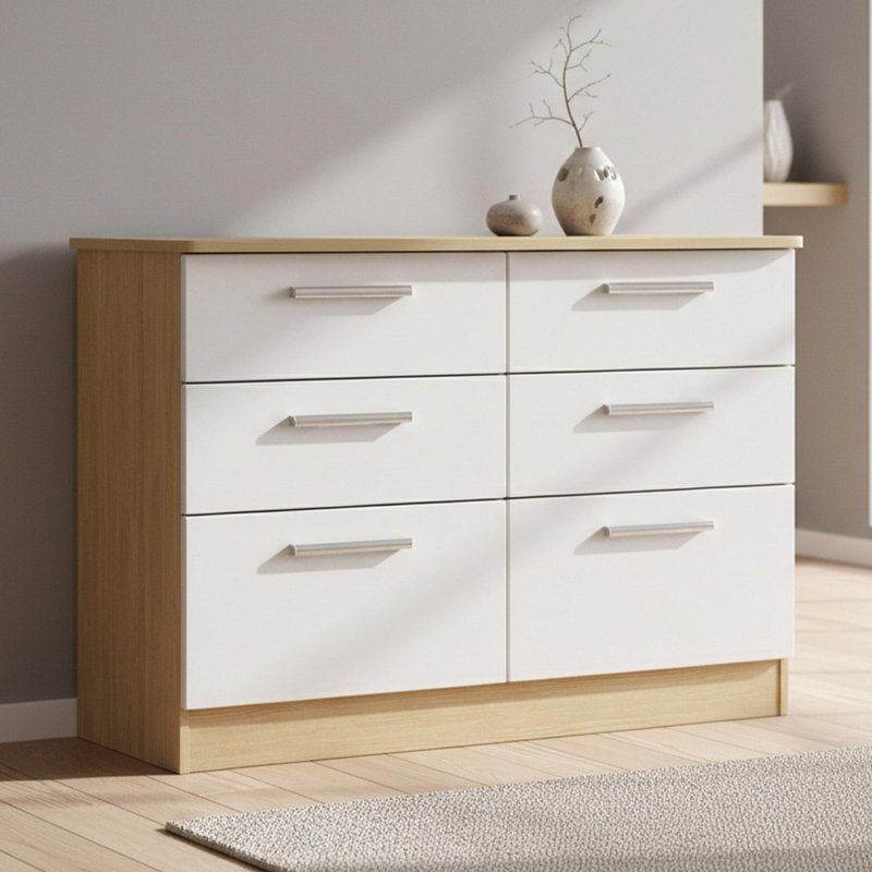 Photo 1 of Knightsbridge chest - midi - 6 drawer - white gloss and light oak Photo 1 of Knightsbridge chest - midi - 6 drawer - white gloss and light oak
