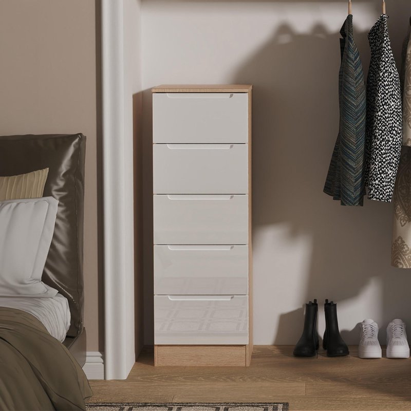 Photo 1 of Milan chest - narrow - 5 drawer - white gloss and oak Photo 1 of Milan chest - narrow - 5 drawer - white gloss and oak