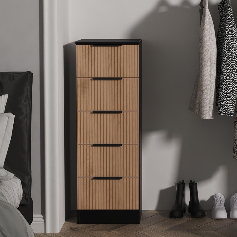 Photo 1 of Java fluted chest - 5 drawer - narrow - natural and black Photo 1 of Java fluted chest - 5 drawer - narrow - natural and black