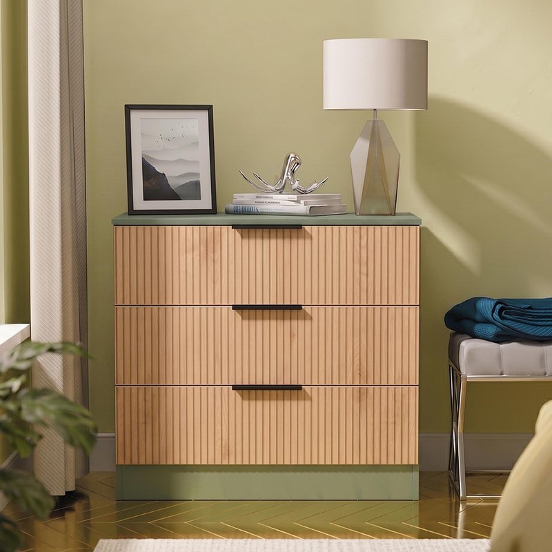 Photo 1 of Java fluted chest - 3 drawer - natural and reed green Photo 1 of Java fluted chest - 3 drawer - natural and reed green