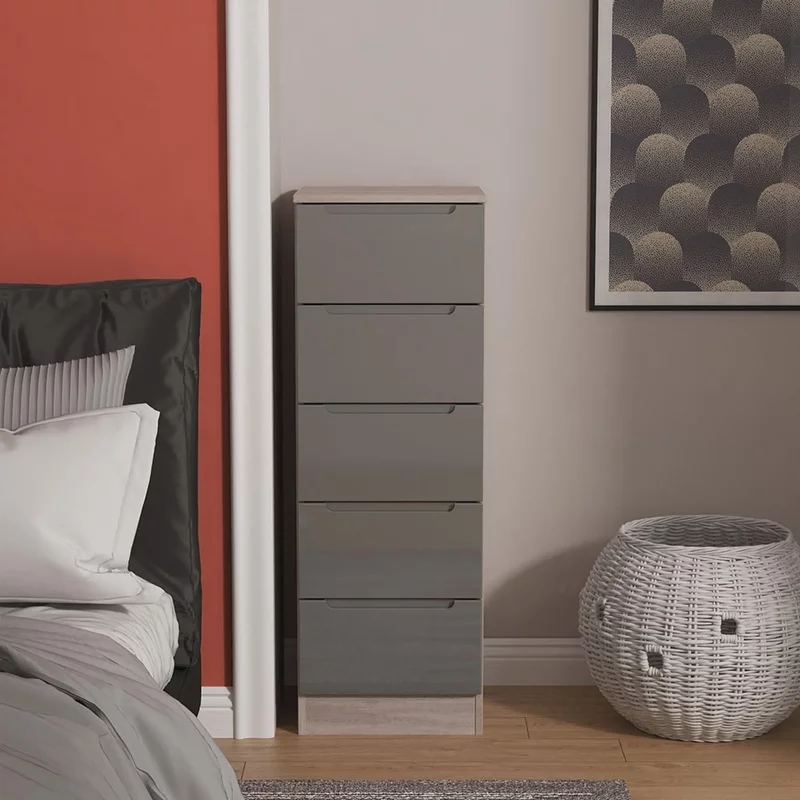 Photo 1 of Milan chest - narrow - 5 drawer - grey gloss and grey oak Photo 1 of Milan chest - narrow - 5 drawer - grey gloss and grey oak