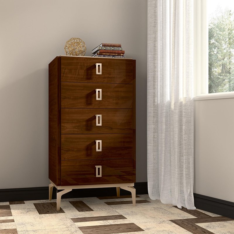 Photo 1 of Modern eva tall chest - 5 drawer - walnut with gold trim Photo 1 of Modern eva tall chest - 5 drawer - walnut with gold trim